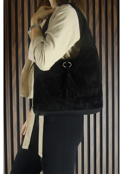 Siyah Hakiki Dana Süet Püsküllü Manyetik Kapaklı Orta Boy Günlük Omuz Çantası modelleri