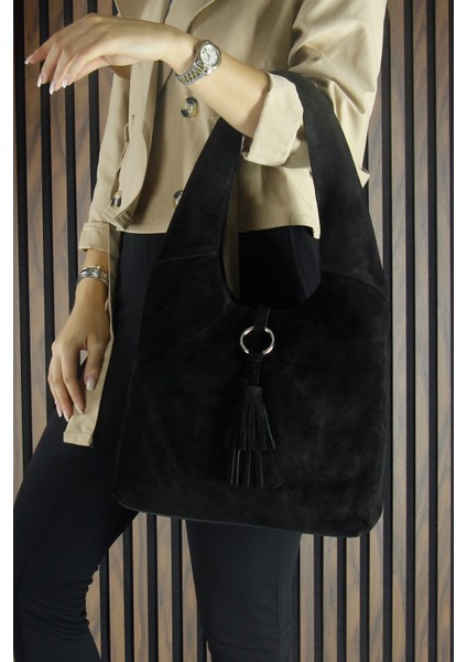 Siyah Hakiki Dana Süet Püsküllü Manyetik Kapaklı Orta Boy Günlük Omuz Çantası fırsatları