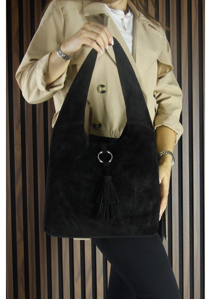 Siyah Hakiki Dana Süet Püsküllü Manyetik Kapaklı Orta Boy Günlük Omuz Çantası indirimleri