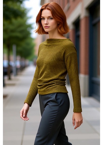 Kadın Esnek Örme Gofre Kayık Yaka Büzgülü Uzun Kollu Bluz Kaliteli Şık Rahat Modern Zarif Günlük modelleri