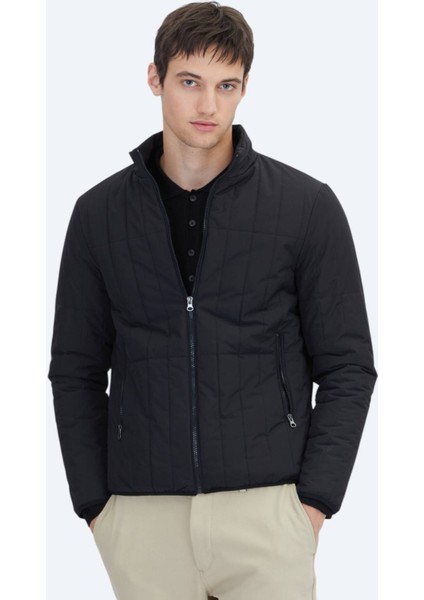 Siyah Regular Fit Dik Yaka Casual Dokuma Mont