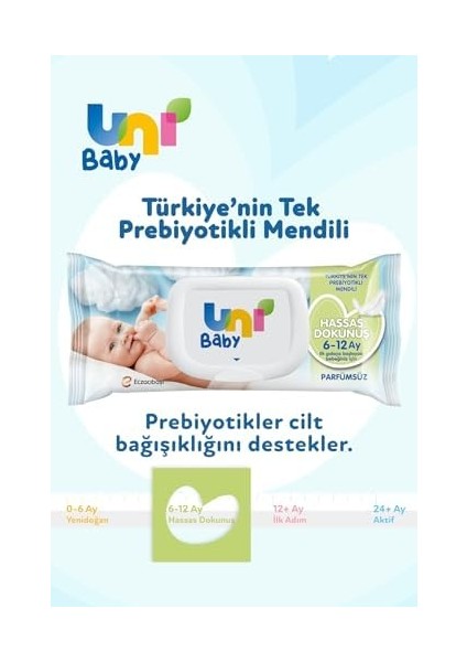 Uni Baby Hassas Dokunuş Islak Mendil, 24 x 52 Yaprak, 6 - 12 Ay