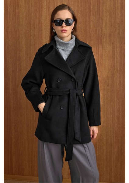 Apolet Detaylı Oversize Kısa Kaban SİYAH 3149