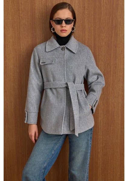 Gömlek Yaka Kuşak Detaylı Oversize Kısa Kaban AÇIK GRİ 3155