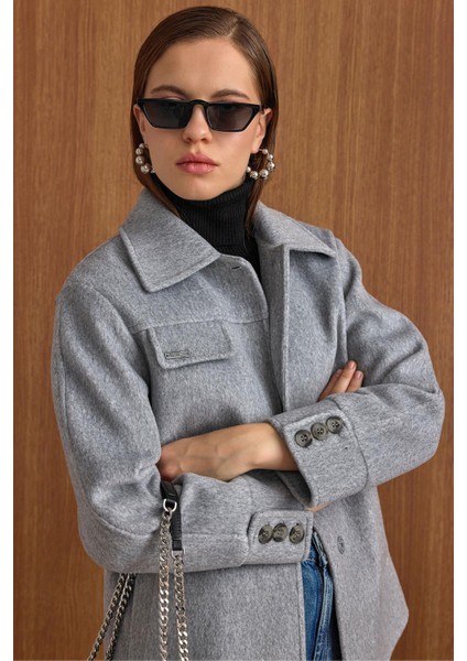 Gömlek Yaka Kuşak Detaylı Oversize Kısa Kaban AÇIK GRİ 3155