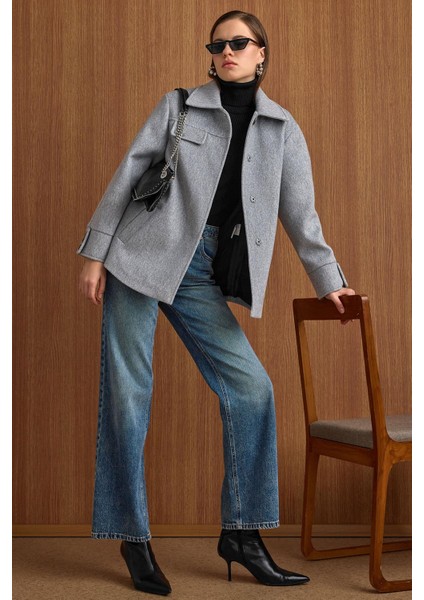 Gömlek Yaka Kuşak Detaylı Oversize Kısa Kaban AÇIK GRİ 3155