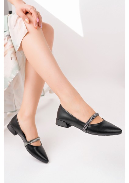 BA04595 Siyah G Kadın Geniş Taşlı Günlük Büyük Numara Babet - 36