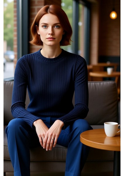 Moda Dik Yaka Örme Slim Düz Desen Casual Günlük Regular Uzun Kol Bluz