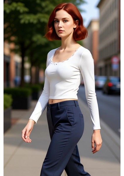 Kadın Kare Yaka Dantelli Crop Uzun Kollu Örme Bluz Kaliteli Şık Rahat Modern Zarif Günlük fırsatları