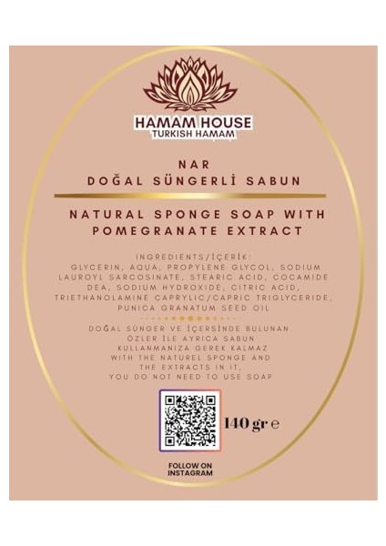 Hamam House Doğal Süngerli Sabun, Tüm Ciltler Için, Nar Kokulu, Doğal Içerikli, Derinlemesine Temizlik ve Bakım