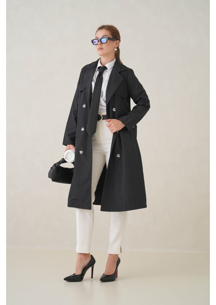 Su Geçirmez Kruvaze Yaka Sık Dokuma Kadın Trençkot