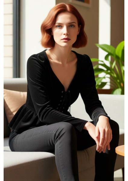 Kadın V Yaka Bağcıklı Peplum Detaylı Uzun Kollu Dokuma Üst Kaliteli Şık Rahat Modern Zarif