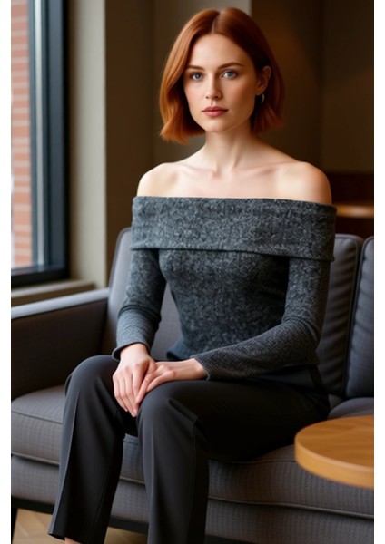 Kadın Vücuda Oturan Carmen Yaka Düşük Omuzlu Uzun Kollu Örme Kaliteli Şık Rahat Modern fiyatları