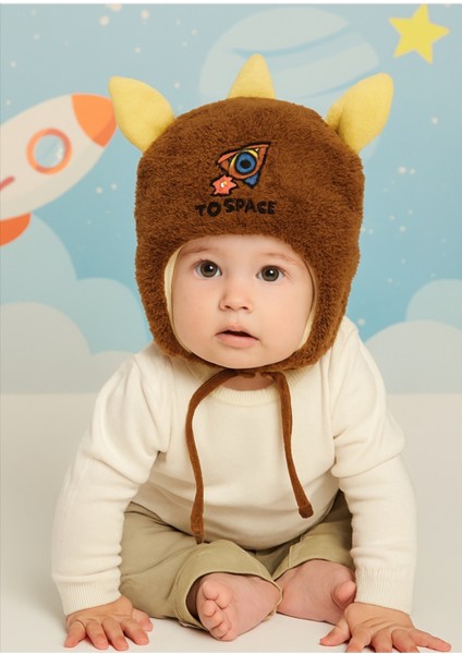 Erkek Bebek Pelüş Bere Kulaklı 0-18 Ay Kahverengi