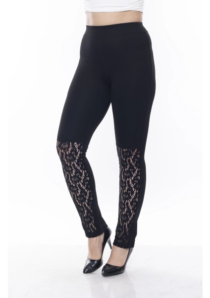 Kadın Siyah Beli Lastikli Paça Dantelli Toparlayıcı Tayt