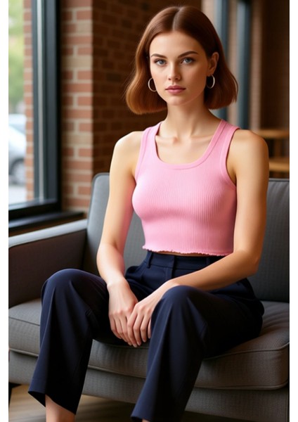 Kadın Kare Yaka Ince Triko Kolsuz Crop Üst Kaliteli Şık Rahat Modern Zarif Günlük