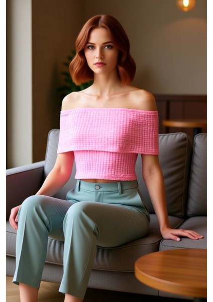 Kadınlar Için Esnek Örme Carmen Yaka Tek Kol Vücuda Oturan Crop Üst Kaliteli Şık Rahat Modern