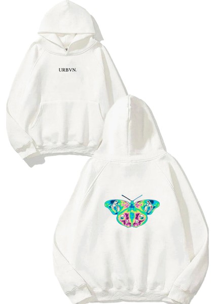 Termal Kelebek Tasarım Baskılı Oversize Beyaz Kapüşonlu Sweatshirt