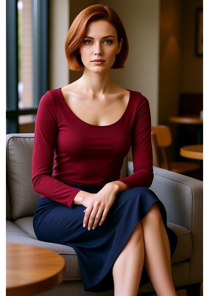 Kadın Moda Şık Üst Giyim Regular Havuz Yaka Slim Kalıp Örme Fitted Vücuda Oturan Esnek Bluz