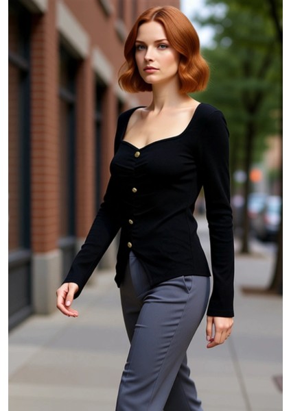 Kadın Uzun Kollu Kalp Yaka Büzgülü Düğmeli Üst Kaliteli Şık Rahat Modern Zarif Günlük fırsatları