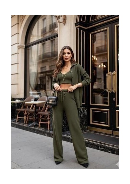 Kadın Haki Yeşil Örgü Takım Gömlek Crop Pantolon Set