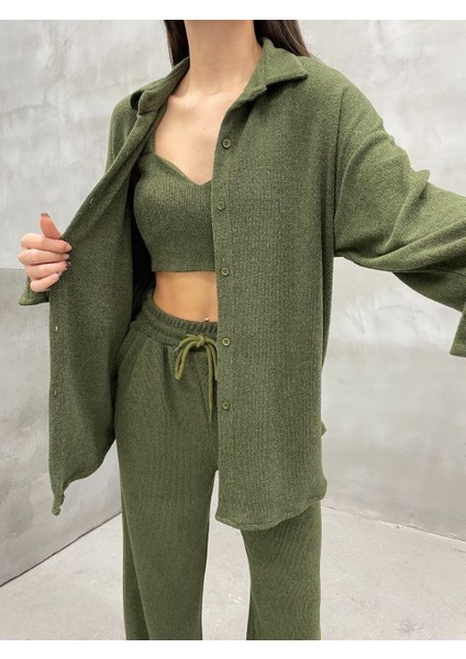 Kadın Haki Yeşil Örgü Takım Gömlek Crop Pantolon Set fiyatları