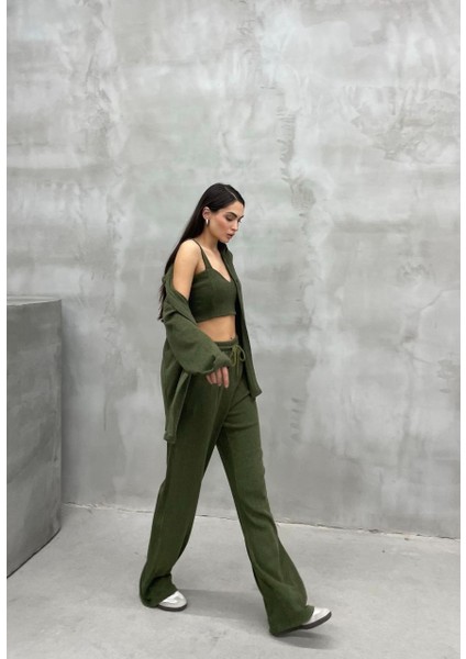 Kadın Haki Yeşil Örgü Takım Gömlek Crop Pantolon Set modelleri