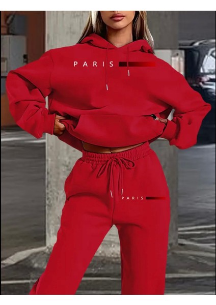 Büyük Beden Özel Tasarım Kapüşonlu Paris Baskılı %100 Pamuk Yeni Trend Kışlık Kadın Eşofman Takımı