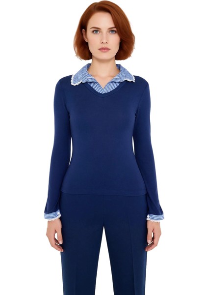 Kadın Casual Uzun Kollu V Yaka Dokuma Detaylı Örme Bluz Kaliteli Şık Rahat Modern Zarif Günlük fiyatları