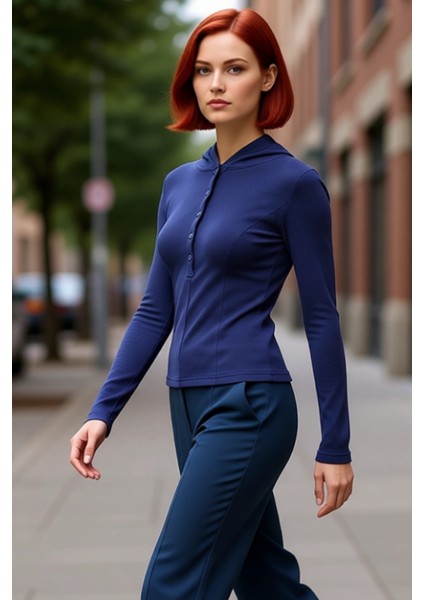 Kadın Vücuda Oturan Kapüşonlu Düğmeli Uzun Kollu Örme Üst Kaliteli Şık Rahat Modern Zarif Günlük fırsatları