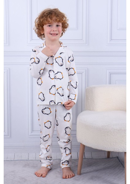 103 Erkek Çocuk Uzun Kollu Gömlek Pijama Takım-Beyaz