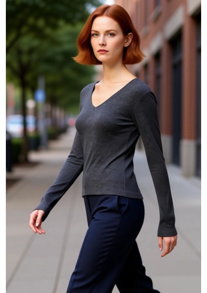 Kadın V Yaka Uzun Kollu Pamuklu Örme Bluz Günlük Konfor ve Şıklık Kaliteli Şık Rahat Modern fırsatları