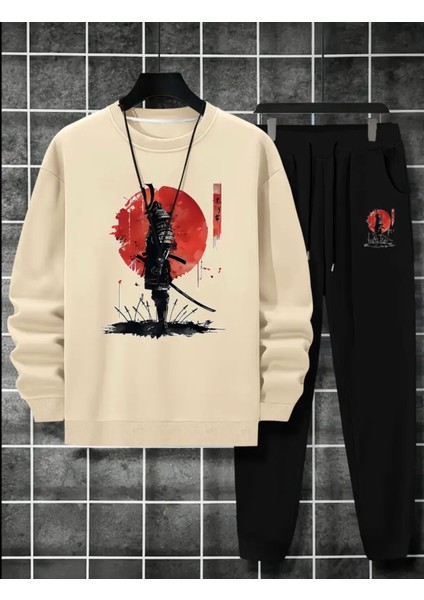 Büyük Beden Özel Tasarım Samuray Baskılı Yuvarlak Yaka %100 Pamuk Kışlık Erkek Eşofman Altı