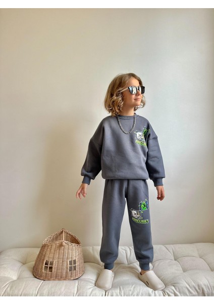 Barbosa Sweatshırt Eşortman Parmuklu Minecraft Baskılı 2'li Pamuklu Şardonlu Erkek Takım