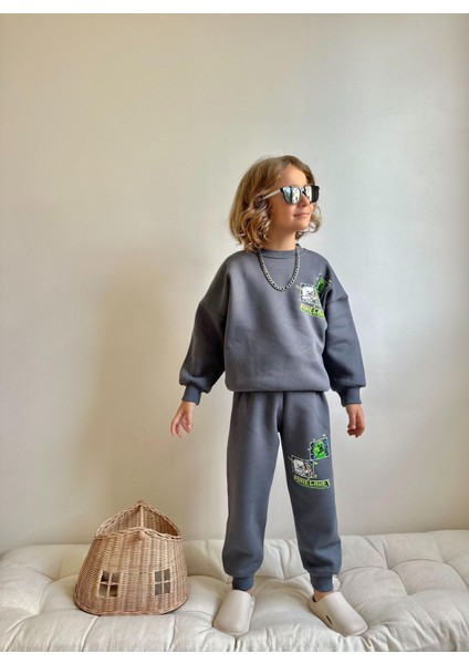 Barbosa Sweatshırt Eşortman Parmuklu Minecraft Baskılı 2'li Pamuklu Şardonlu Erkek Takım modelleri