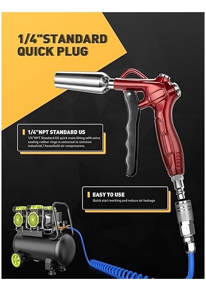 Güçlü Akış Nozulu Yüksek Hacimli Hava Üfleme Tabancası, 4.9 "paslanmaz Çelik Uzatma ve 1/4 '' Standart Hızlı Fiş, Hava Kompresörü Aksesuarları Için Pnömatik Alet ile Retro Kırmızı Hava Memesi Üfleyici indirimleri