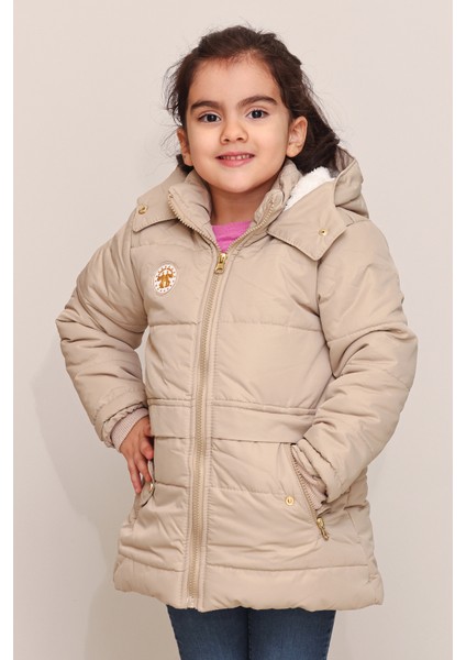Çıtçıt Cep Detaylı Kürksüz Kapüşonlu Bej Kız Çocuk Mont