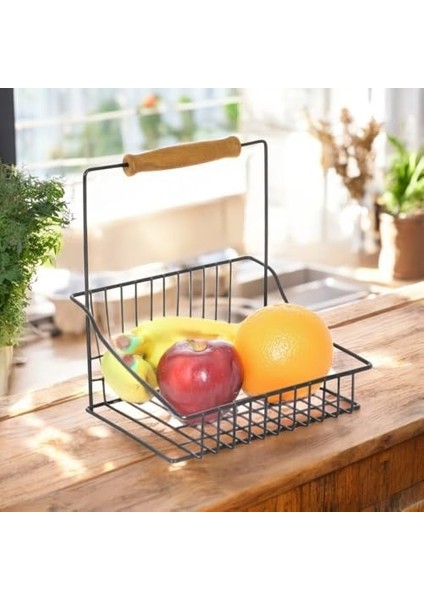 Ferforje Tek Sepet, Ahşap Kulplu Mutfak Salon Ofis Düzenleyici Sepet Organizer Siyah, 20X20 cm fiyatları
