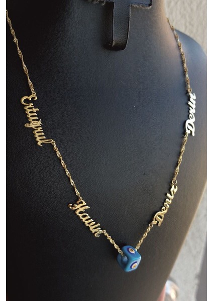 925 Ayar Gümüş 24 Ayar Altın Kaplama 4 Isimli Nazar Boncuklu Kolye