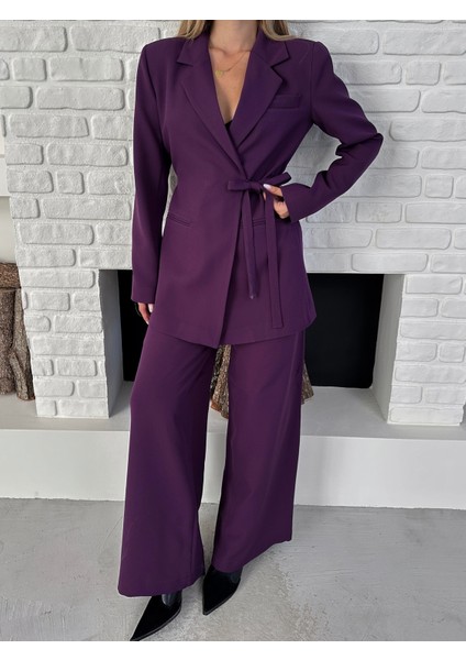 Kadın Yandan Bağlamalı Ikili Kuşaklı Blazer Ceket Pantolon Takım