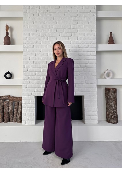 Kadın Yandan Bağlamalı Ikili Kuşaklı Blazer Ceket Pantolon Takım modelleri