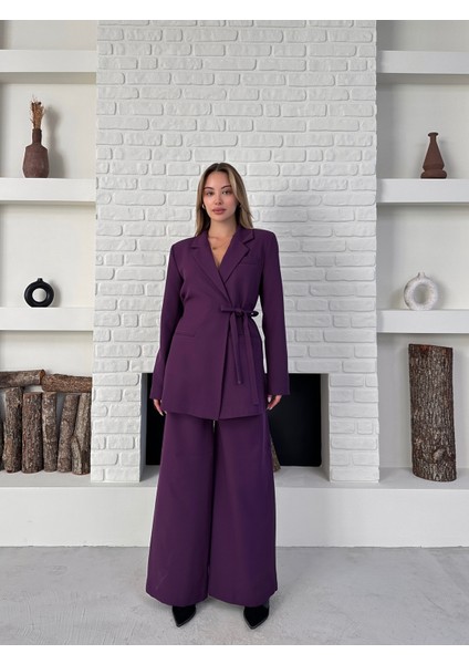 Kadın Yandan Bağlamalı Ikili Kuşaklı Blazer Ceket Pantolon Takım fırsatları