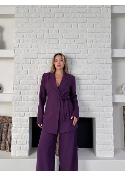 Kadın Yandan Bağlamalı Ikili Kuşaklı Blazer Ceket Pantolon Takım