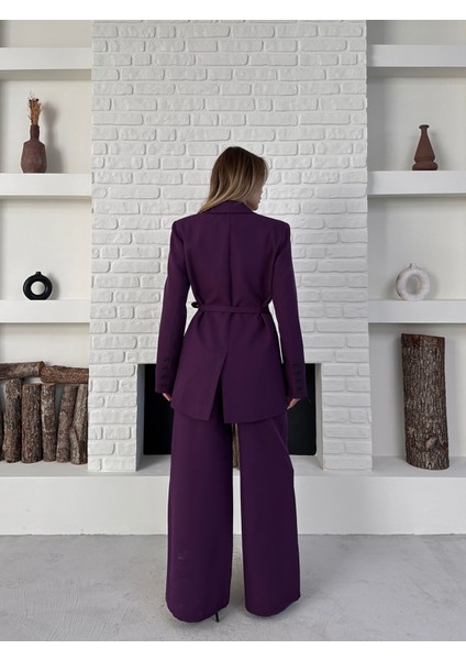 Kadın Yandan Bağlamalı Ikili Kuşaklı Blazer Ceket Pantolon Takım