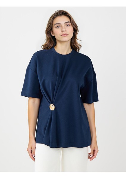 Lacivert Bisiklet Yaka Kısa Kollu Büzgü Detaylı Örme Tişört