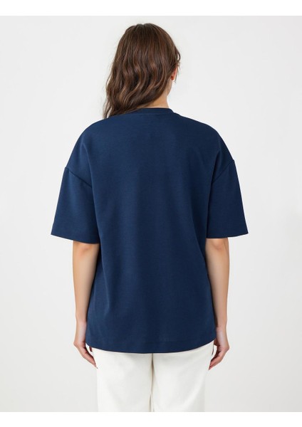 Lacivert Bisiklet Yaka Kısa Kollu Büzgü Detaylı Örme Tişört indirimleri