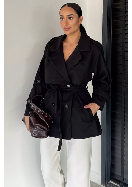 Kadın Bel Kuşaklı Çift Cepli Kruvaze Yaka Kaşe Kaban P-00018939