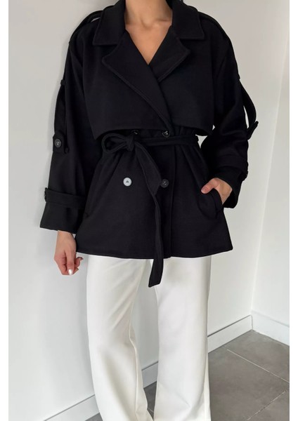 Kadın Bel Kuşaklı Çift Cepli Kruvaze Yaka Kaşe Kaban P-00018939 modelleri