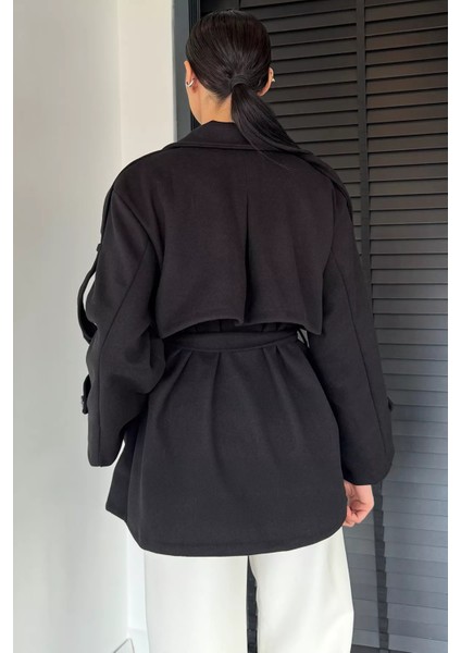 Kadın Bel Kuşaklı Çift Cepli Kruvaze Yaka Kaşe Kaban P-00018939 fırsatları