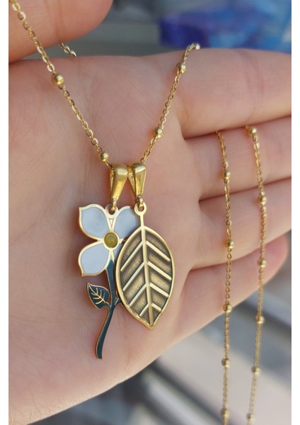 925 Ayar Gümüş 24 Ayar Altın Kaplama Çiçek ve Yaprak Kolye